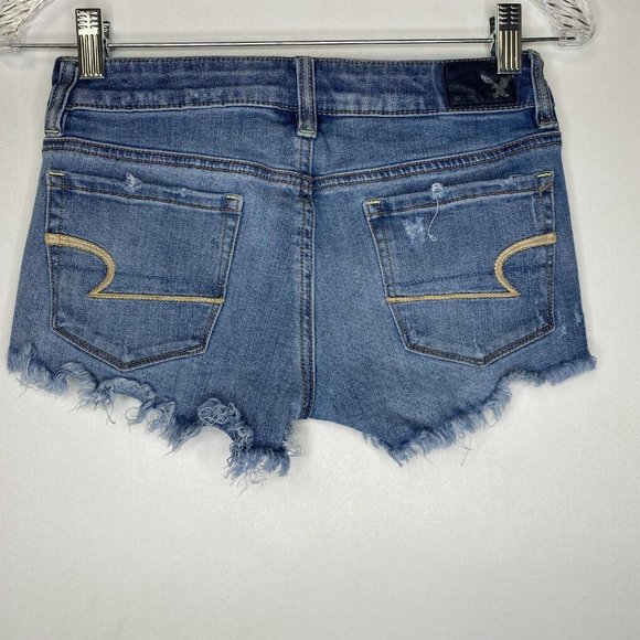 American Eagle Distressed Shortie Stretch Jean Shorts AEO Denim Cutoffs  Size 0 - Picture 5 of 8
